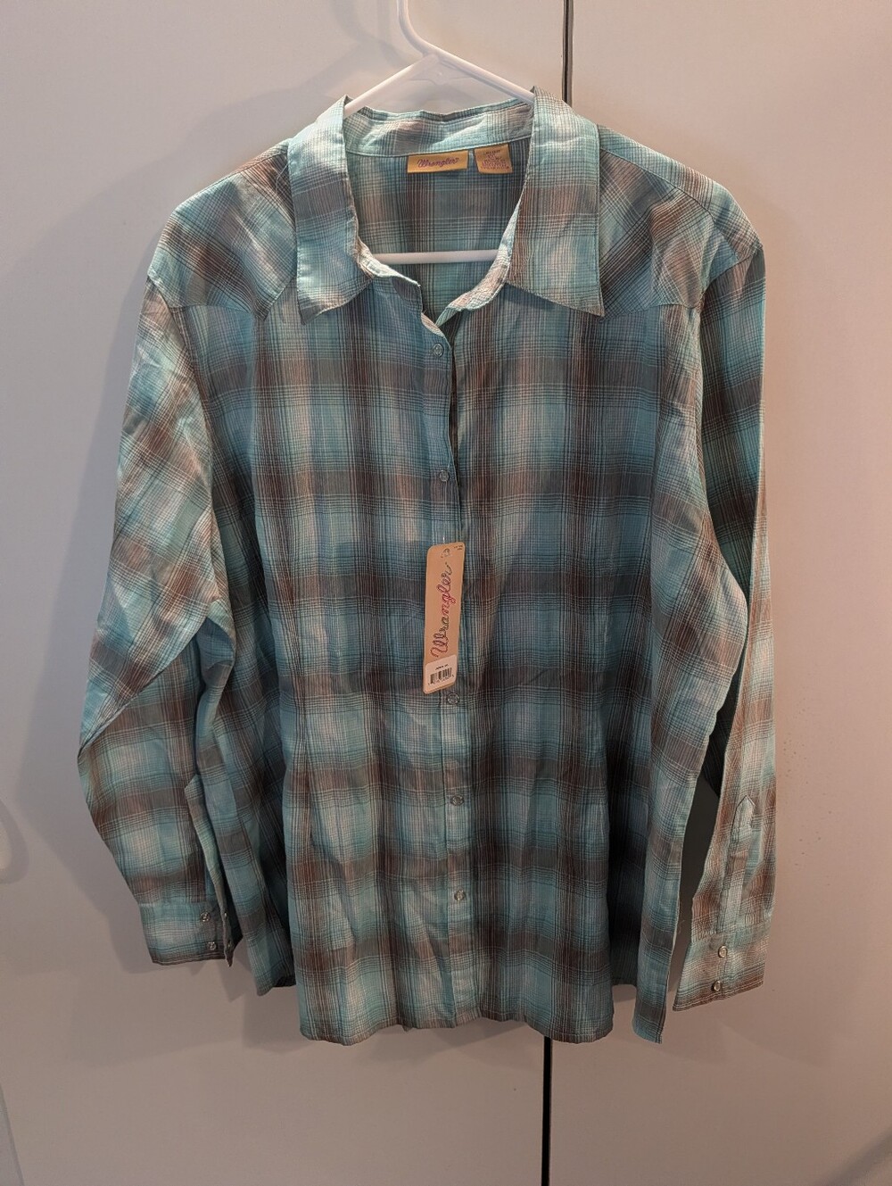 Wrangler Wmns XXL Teal and Brown Plaid Long-Sleeve Western Shirt/Pearl Snaps NWT